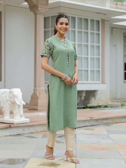 Dobby Striped Resham & Sequins Embroidered Kurta - Green