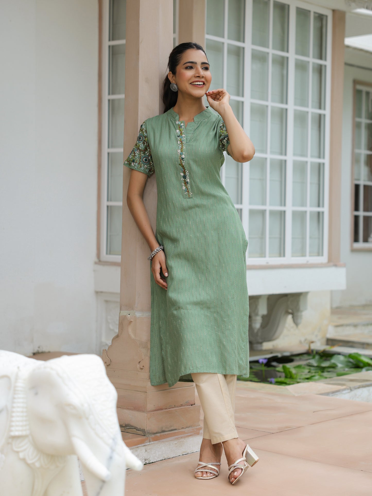 Dobby Striped Resham & Sequins Embroidered Kurta - Green