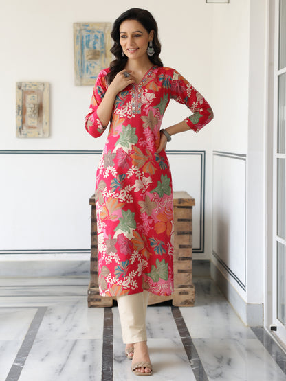 Floral Printed Mirror, Resham, Sequins & Zari Embroidered Kurta - Pink & Multi