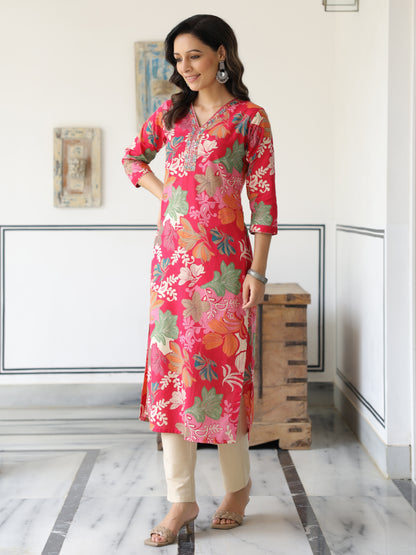 Floral Printed Mirror, Resham, Sequins & Zari Embroidered Kurta - Pink & Multi