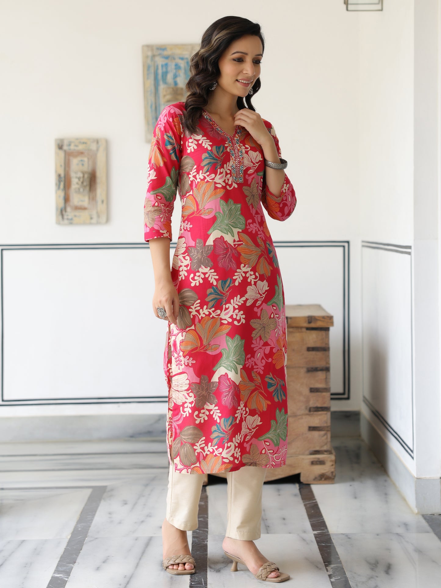 Floral Printed Mirror, Resham, Sequins & Zari Embroidered Kurta - Pink & Multi