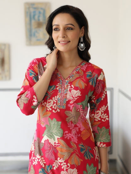 Floral Printed Mirror, Resham, Sequins & Zari Embroidered Kurta - Pink & Multi