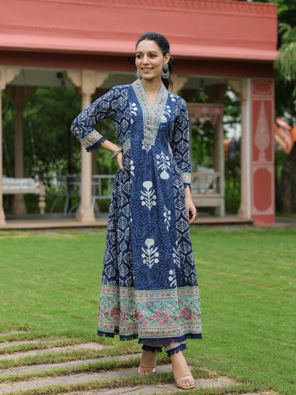 Ethnic Printed & Embroidered A-Line Kurta with Pant - Indigo