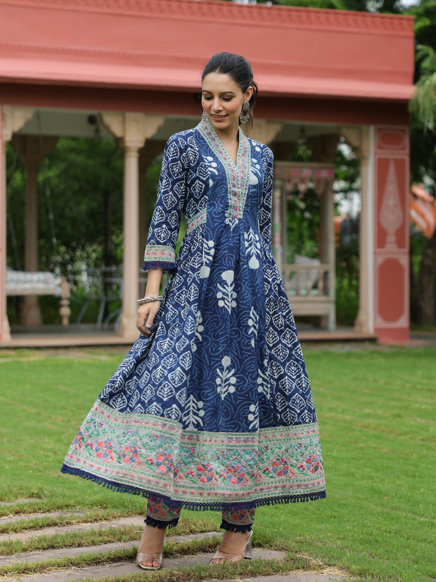 Ethnic Printed & Embroidered A-Line Kurta with Pant - Indigo