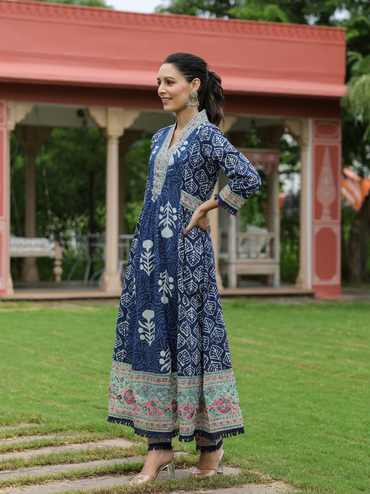 Ethnic Printed & Embroidered A-Line Kurta with Pant - Indigo