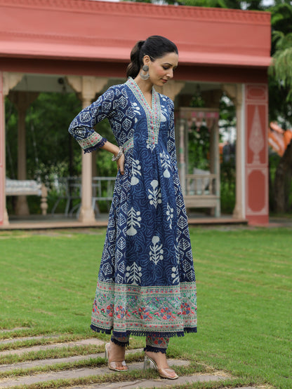 Ethnic Printed & Embroidered A-Line Kurta with Pant - Indigo