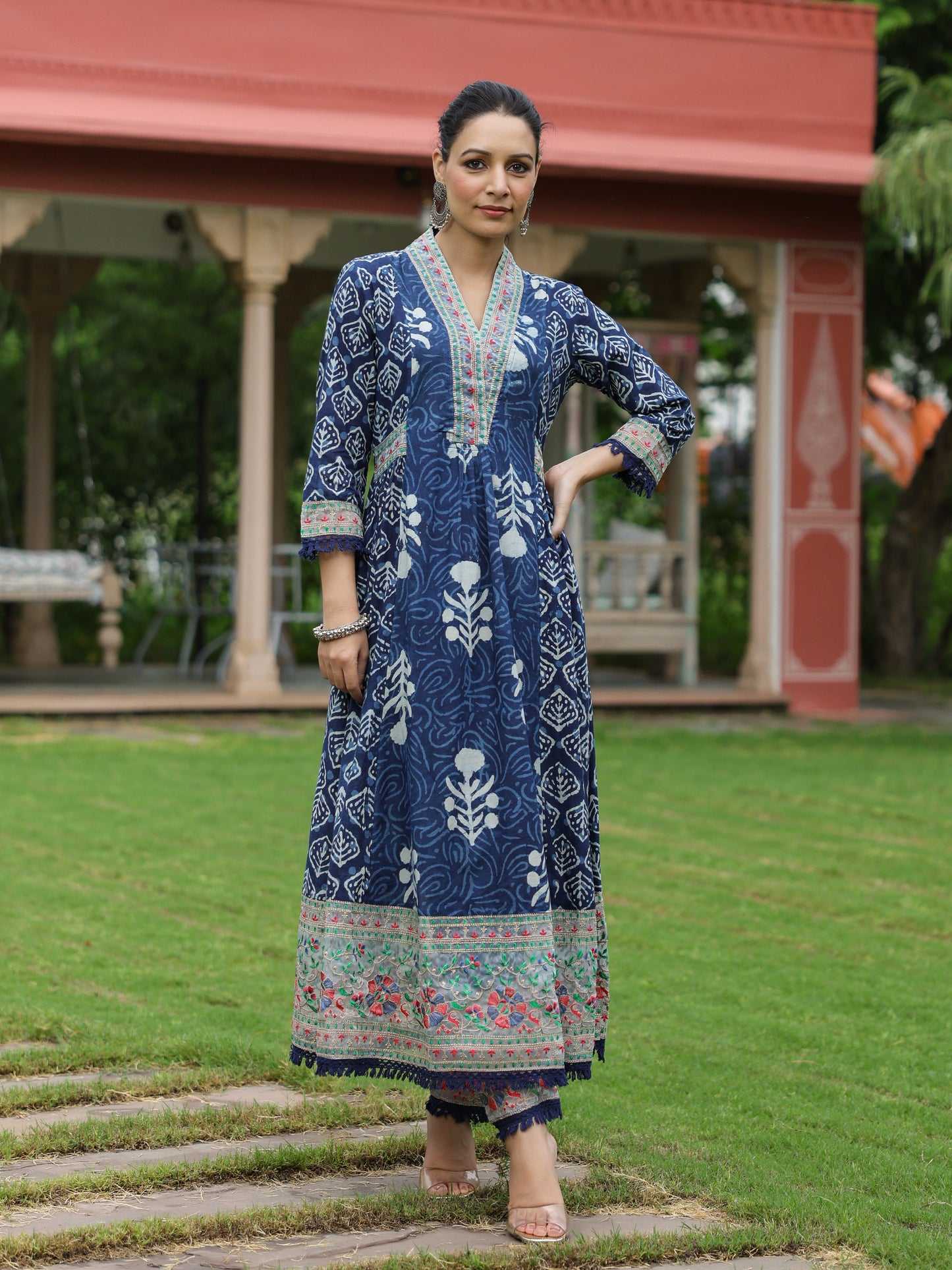 Ethnic Printed & Embroidered A-Line Kurta with Pant - Indigo