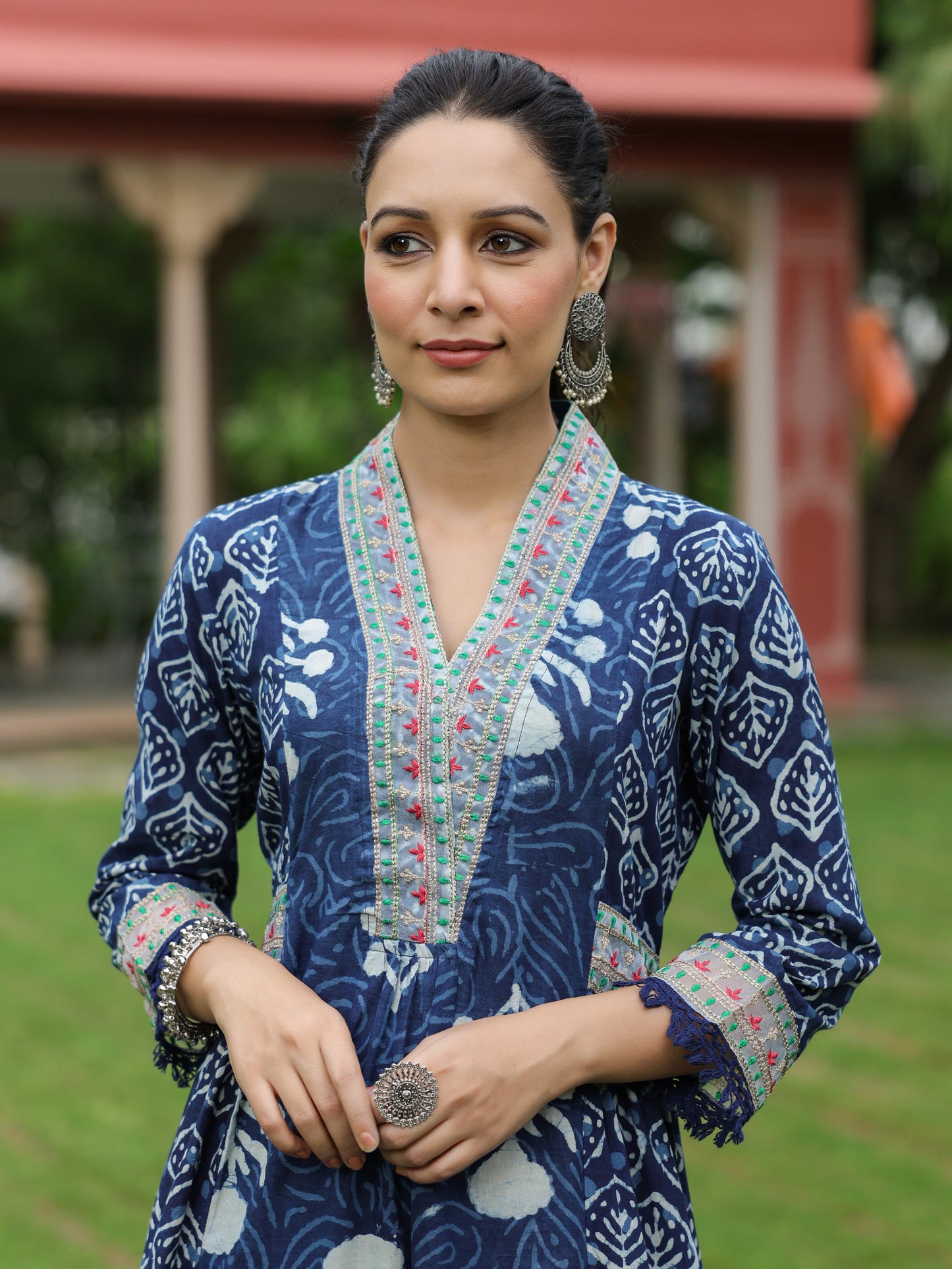 Ethnic Printed & Embroidered A-Line Kurta with Pant - Indigo