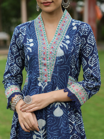 Ethnic Printed & Embroidered A-Line Kurta with Pant - Indigo