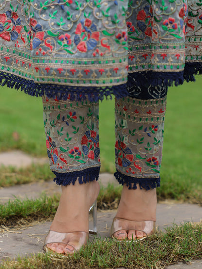 Ethnic Printed & Embroidered A-Line Kurta with Pant - Indigo