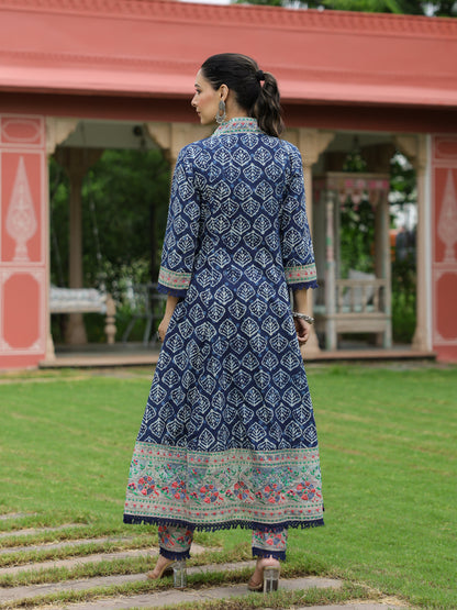 Ethnic Printed & Embroidered A-Line Kurta with Pant - Indigo