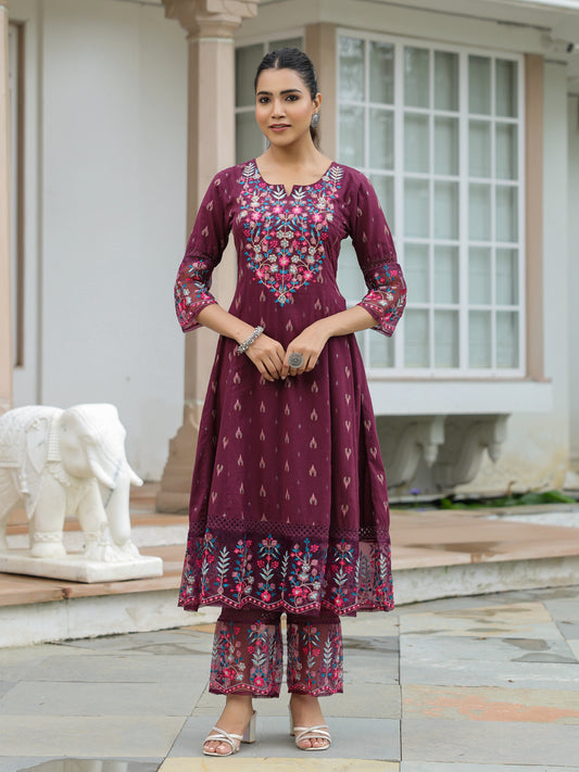 Ethnic Woven & Floral Embroidered A-Line Paneled Kurta with Palazzo - Deep Purple