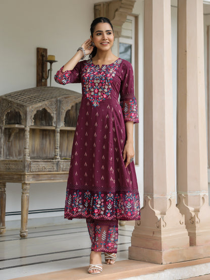 Ethnic Woven & Floral Embroidered A-Line Paneled Kurta with Palazzo - Deep Purple