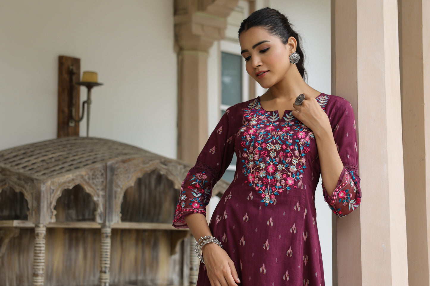 Ethnic Woven & Floral Embroidered A-Line Paneled Kurta with Palazzo - Deep Purple