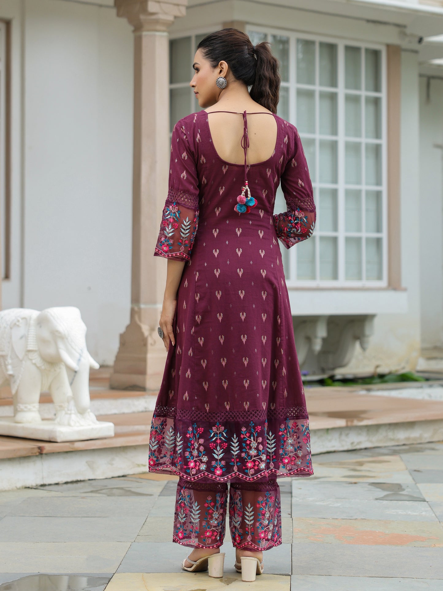 Ethnic Woven & Floral Embroidered A-Line Paneled Kurta with Palazzo - Deep Purple