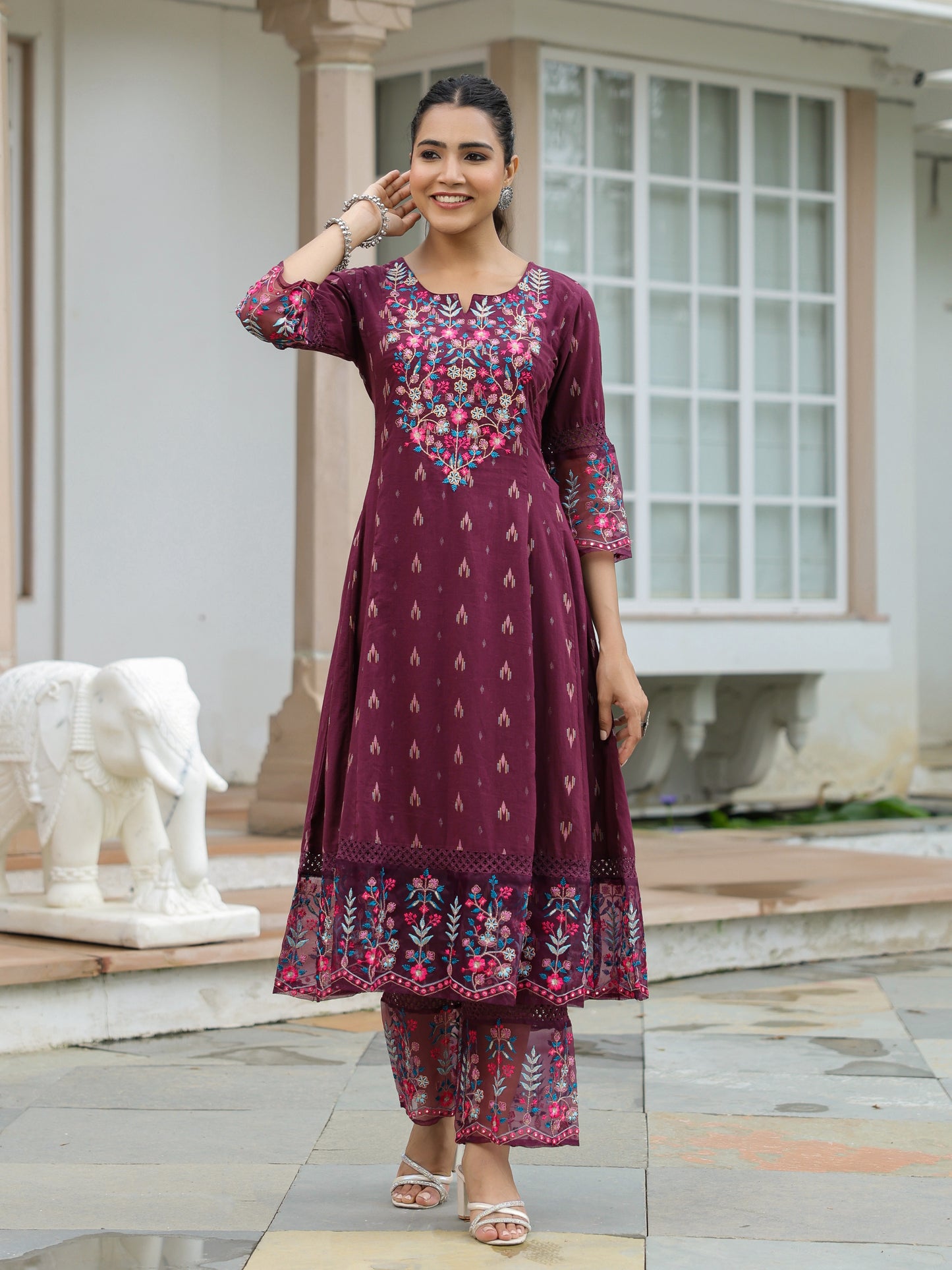 Ethnic Woven & Floral Embroidered A-Line Paneled Kurta with Palazzo - Deep Purple