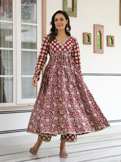 Ethnic Lotus Printed A-Line Anarkali Kurta with Palazzo - Magenta