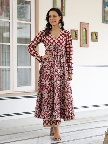 Ethnic Lotus Printed A-Line Anarkali Kurta with Palazzo - Magenta