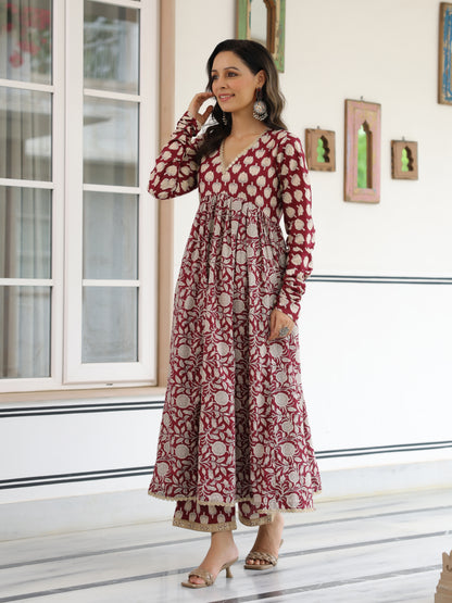 Ethnic Lotus Printed A-Line Anarkali Kurta with Palazzo - Magenta