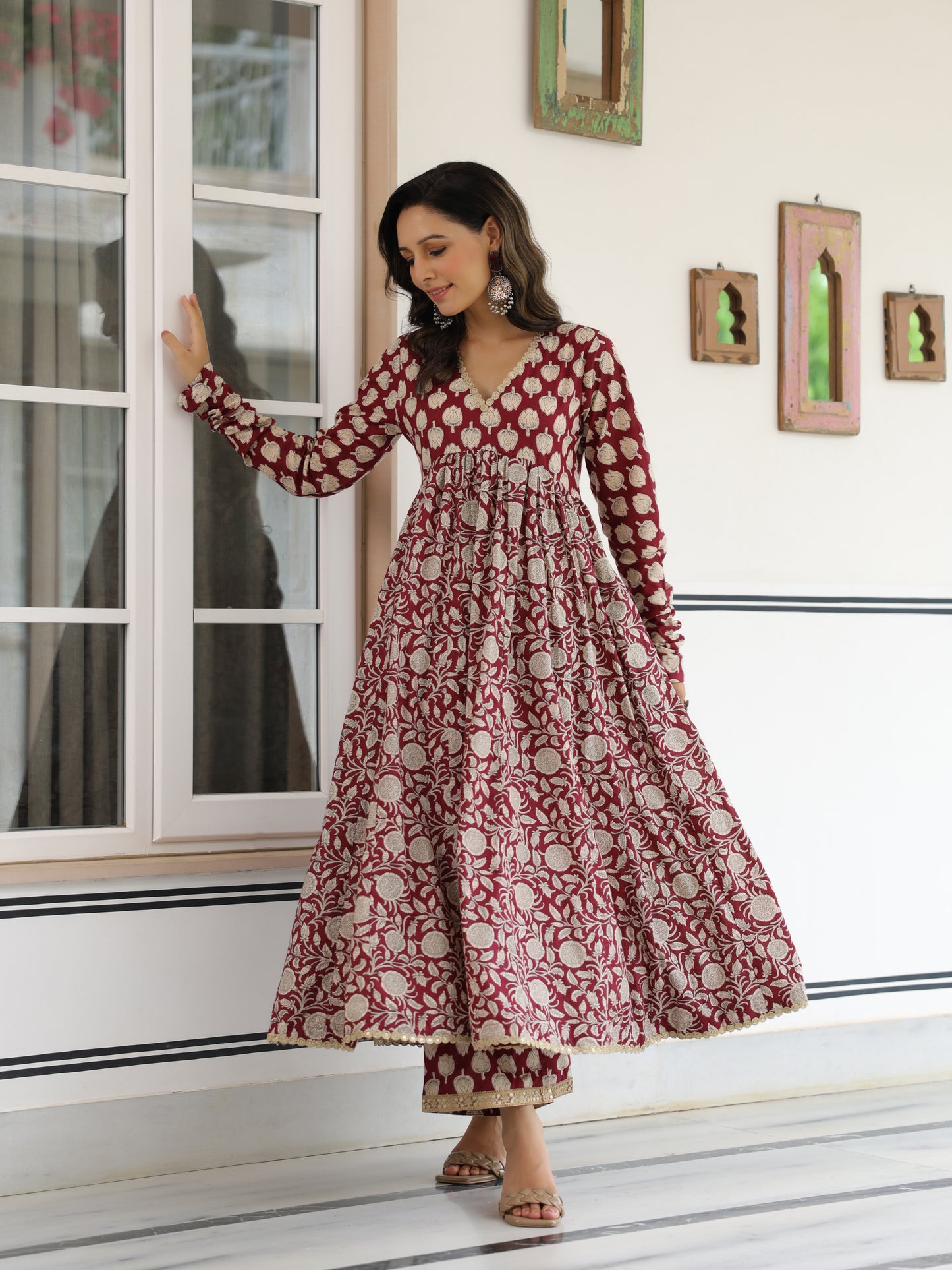 Ethnic Lotus Printed A-Line Anarkali Kurta with Palazzo - Magenta