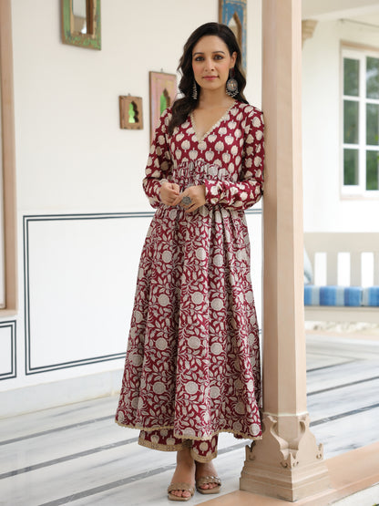 Ethnic Lotus Printed A-Line Anarkali Kurta with Palazzo - Magenta