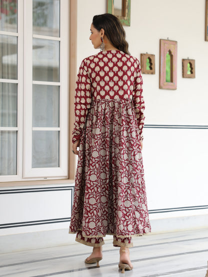 Ethnic Lotus Printed A-Line Anarkali Kurta with Palazzo - Magenta