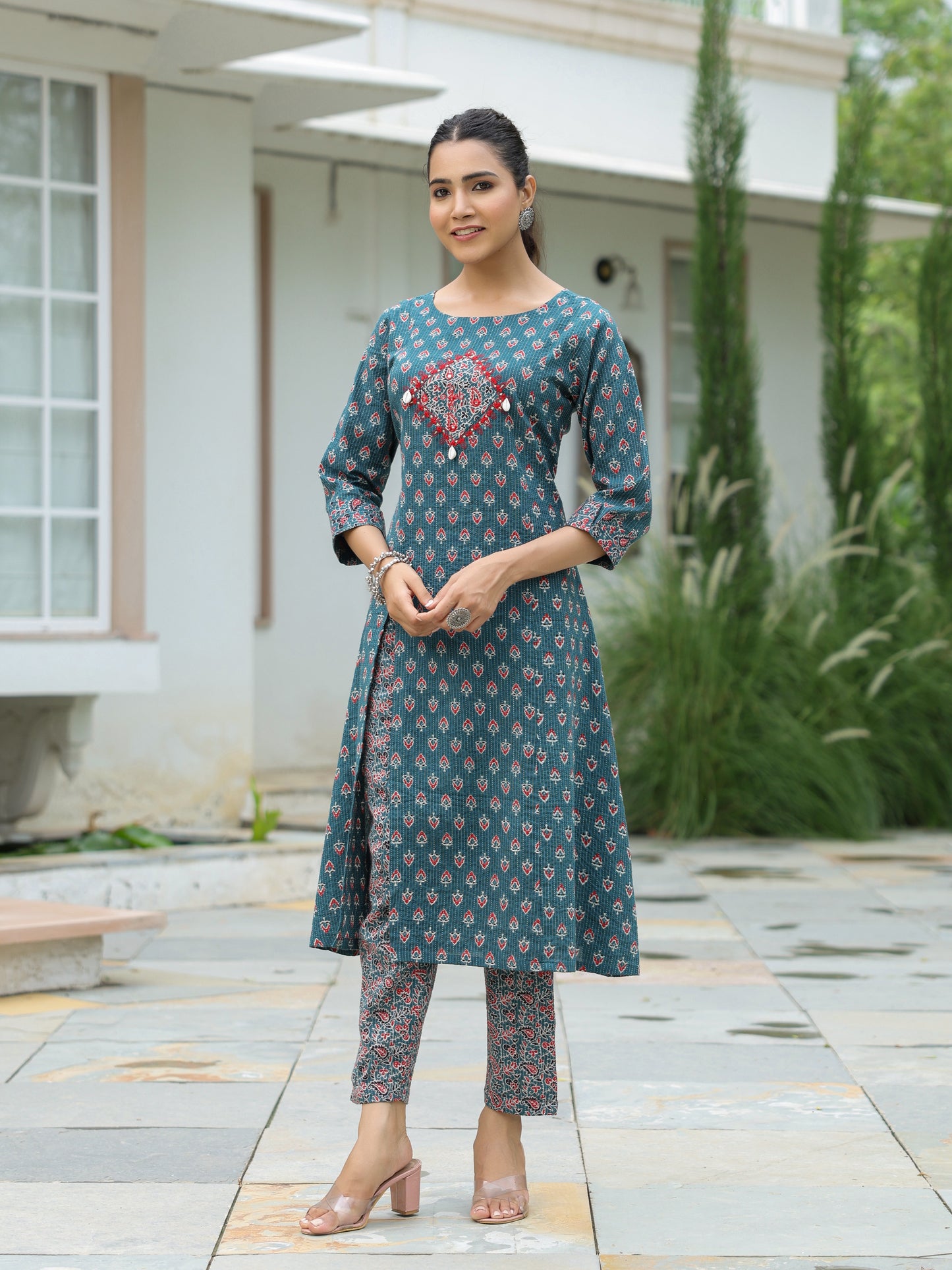 Ethnic & Kantha Printed & Mirror Embroidered A-Line Kurta with Pant - Green