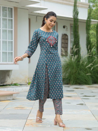 Ethnic & Kantha Printed & Mirror Embroidered A-Line Kurta with Pant - Green