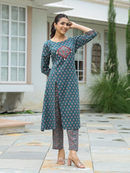 Ethnic & Kantha Printed & Mirror Embroidered A-Line Kurta with Pant - Green