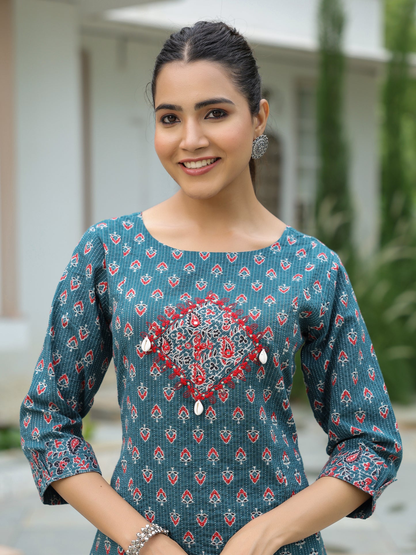 Ethnic & Kantha Printed & Mirror Embroidered A-Line Kurta with Pant - Green