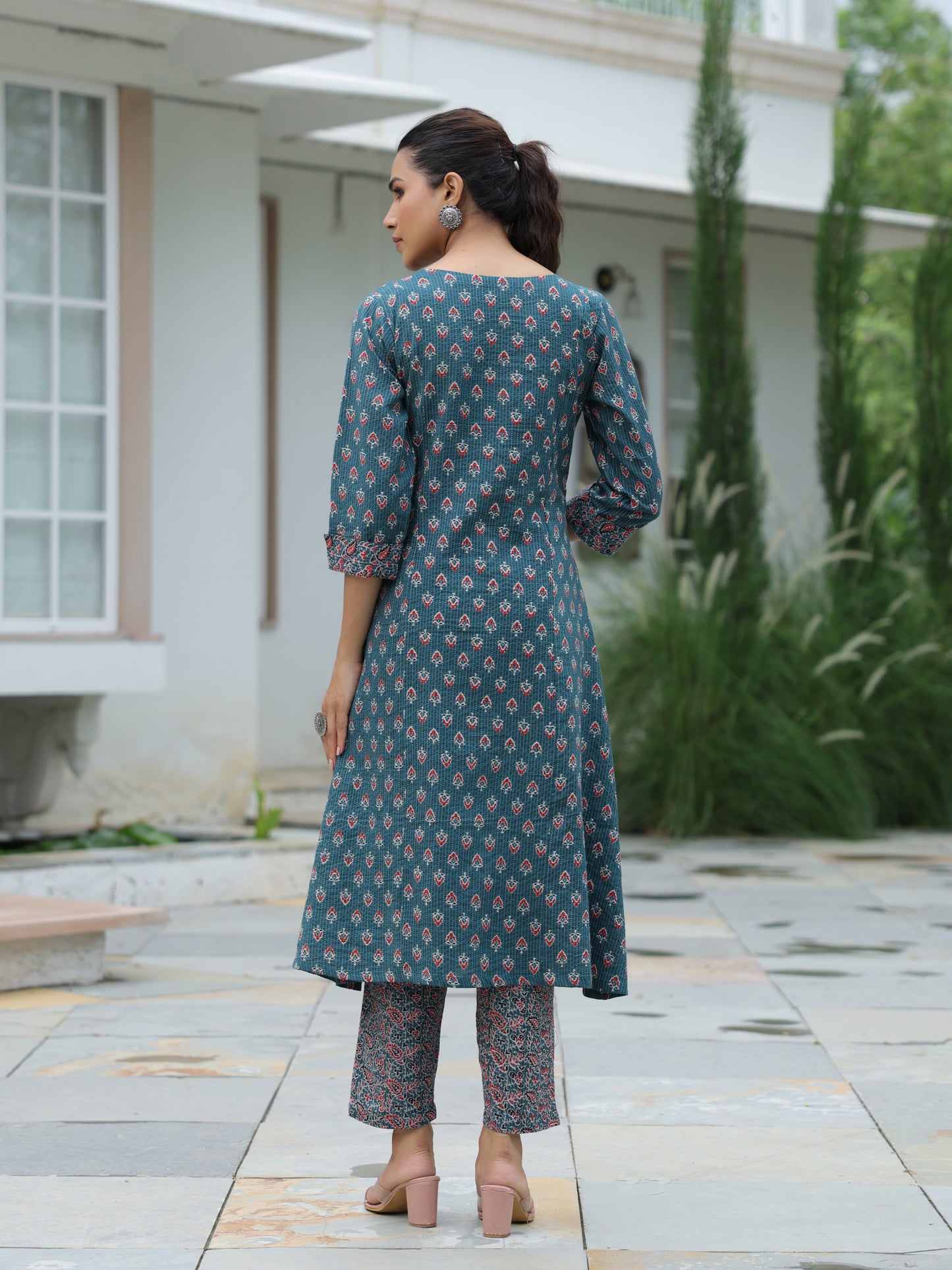 Ethnic & Kantha Printed & Mirror Embroidered A-Line Kurta with Pant - Green