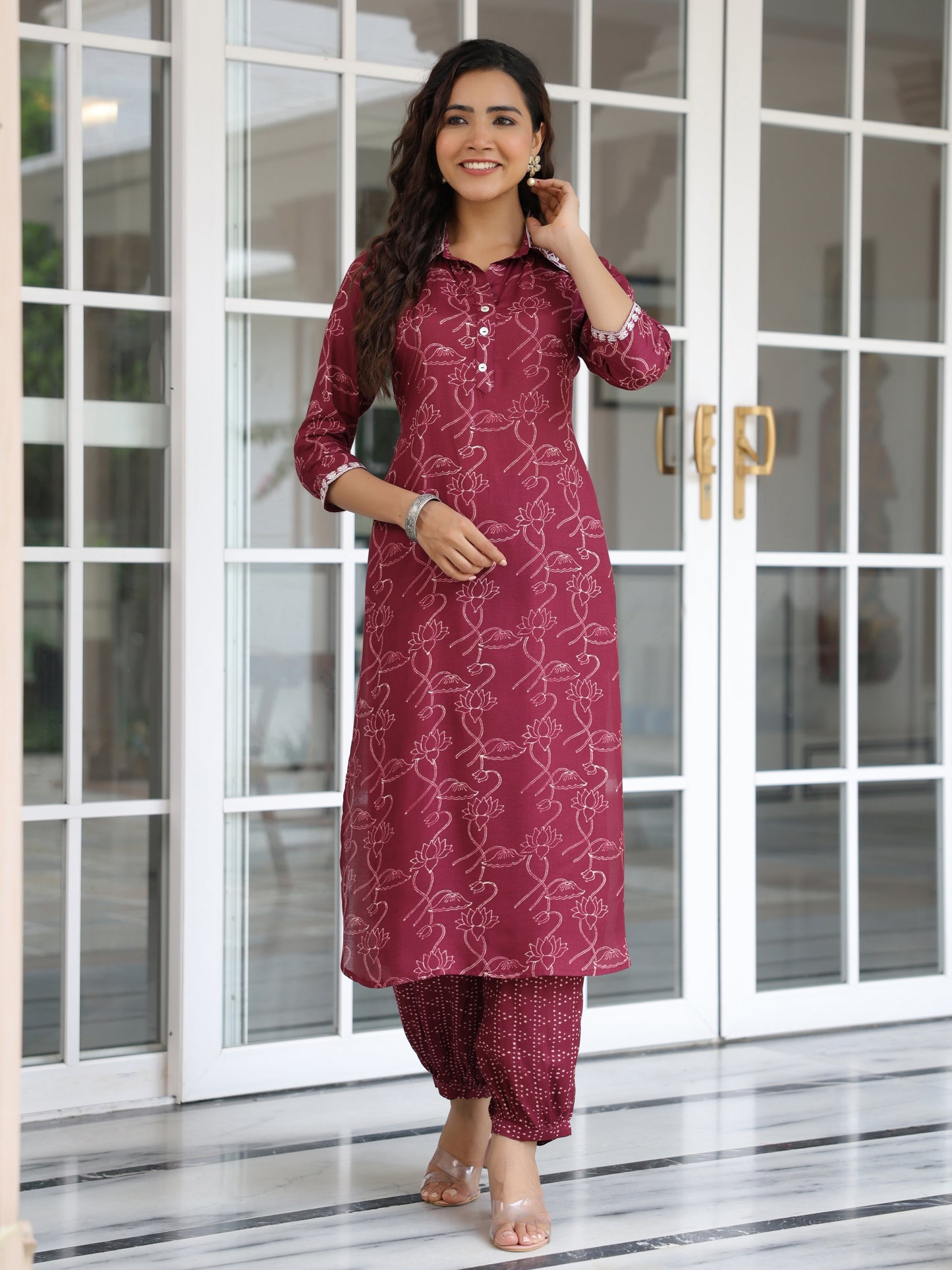 Floral Printed Zari & Resham Embroidered Kurta with Salwar Pants - Burgundy