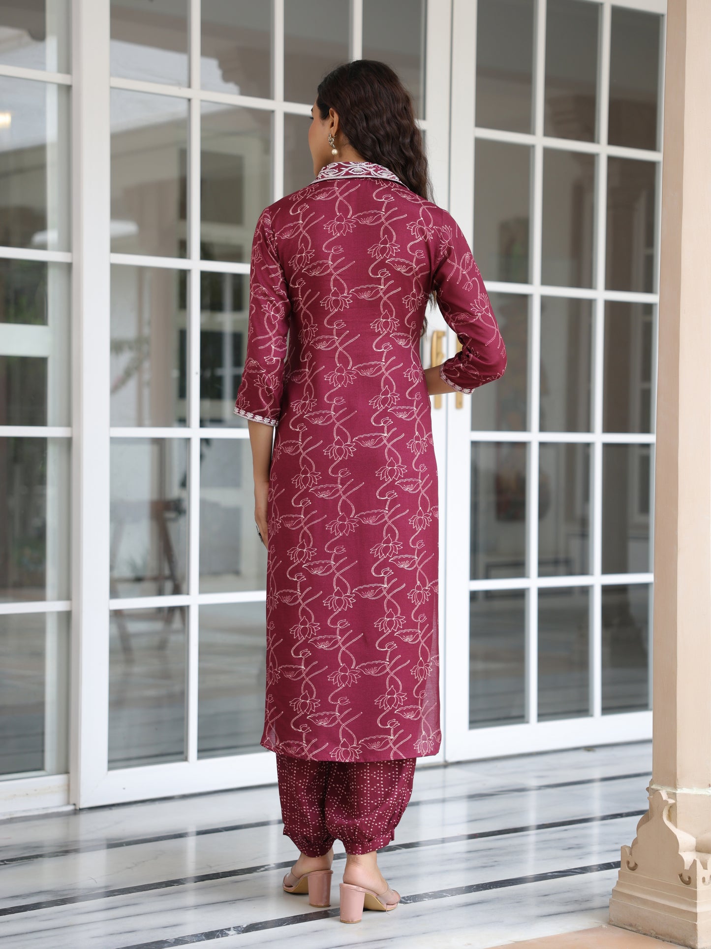 Floral Printed Zari & Resham Embroidered Kurta with Salwar Pants - Burgundy