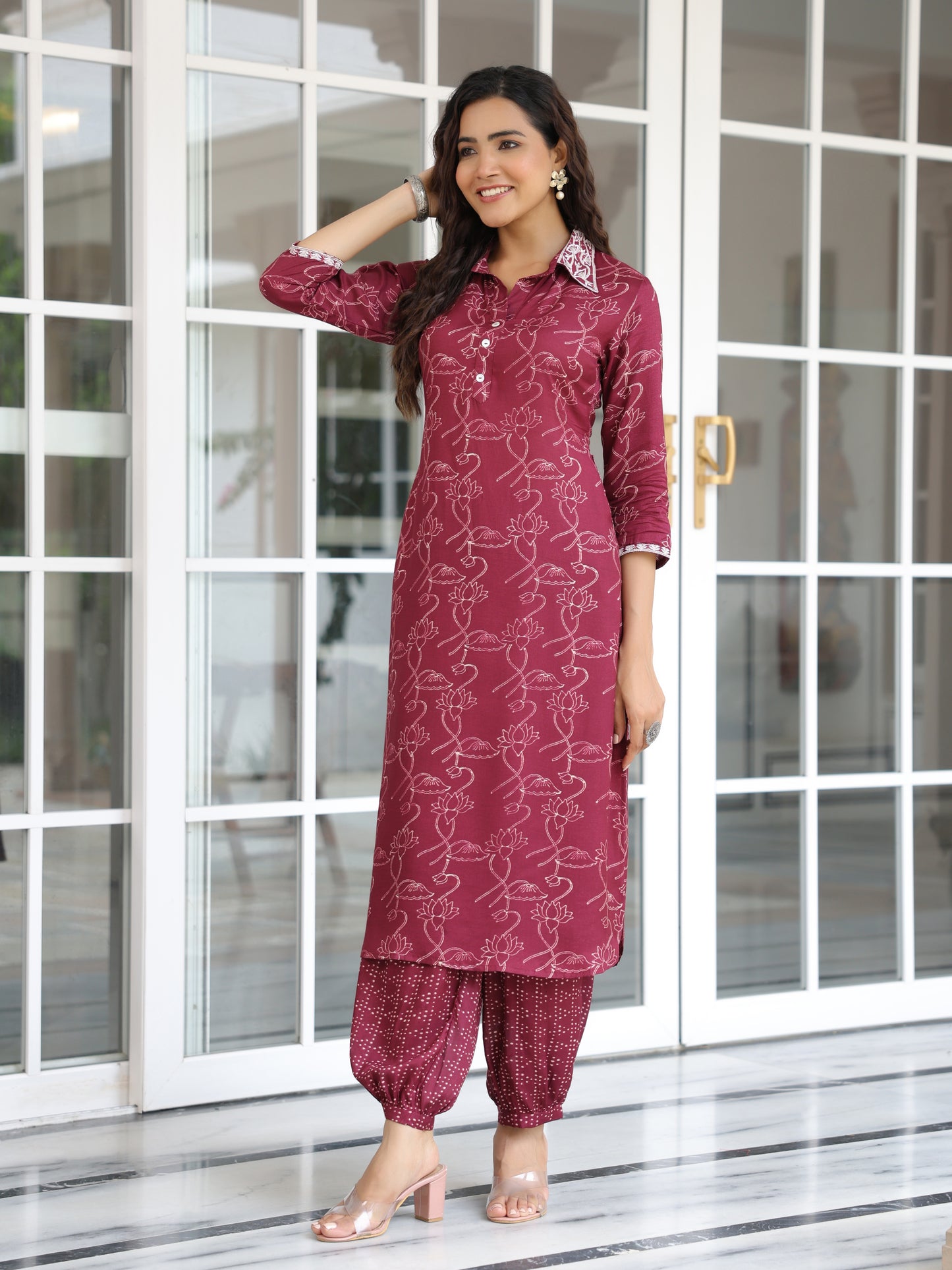 Floral Printed Zari & Resham Embroidered Kurta with Salwar Pants - Burgundy