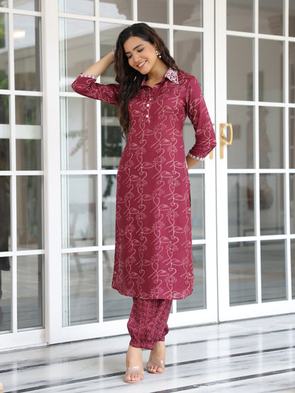 Floral Printed Zari & Resham Embroidered Kurta with Salwar Pants - Burgundy