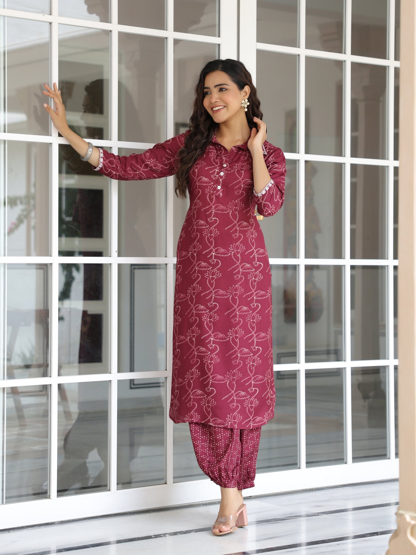 Floral Printed Zari & Resham Embroidered Kurta with Salwar Pants - Burgundy