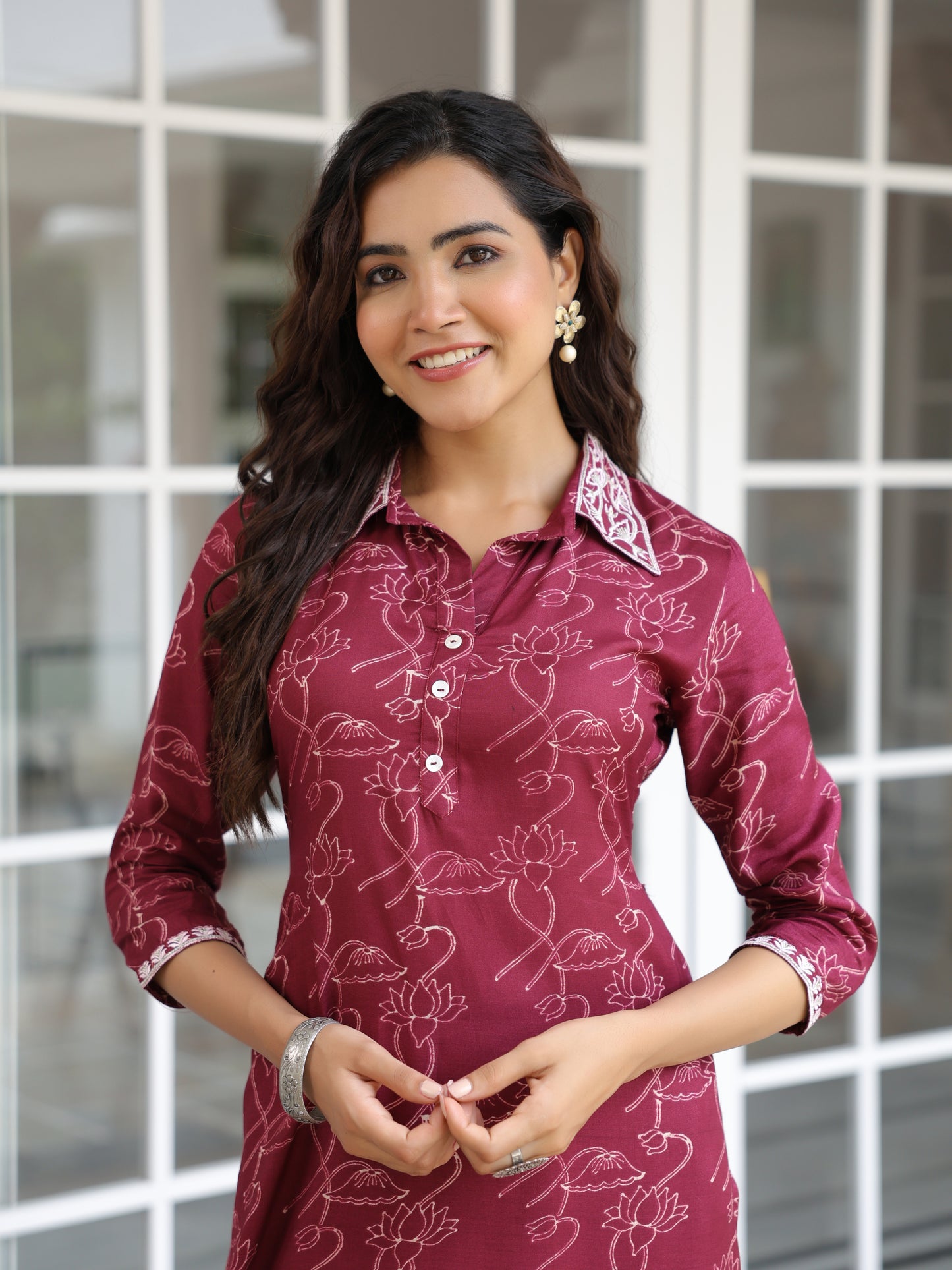 Floral Printed Zari & Resham Embroidered Kurta with Salwar Pants - Burgundy