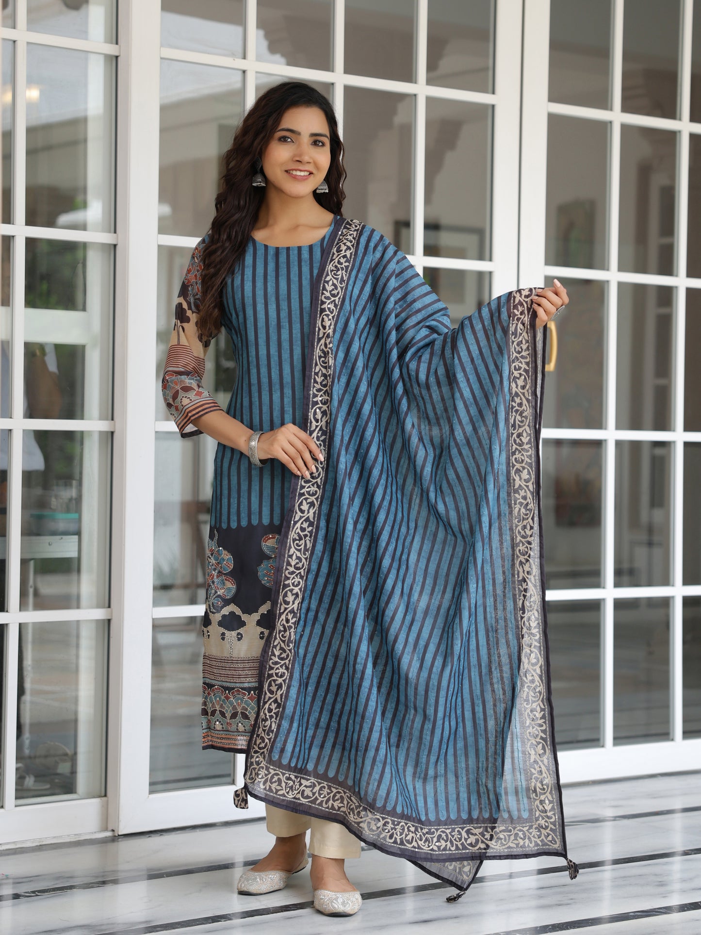 Stripes & Ethnic Printed Straight Kurta with Kantha Embroidered Dupatta - Teal Blue