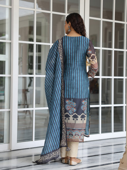 Stripes & Ethnic Printed Straight Kurta with Kantha Embroidered Dupatta - Teal Blue