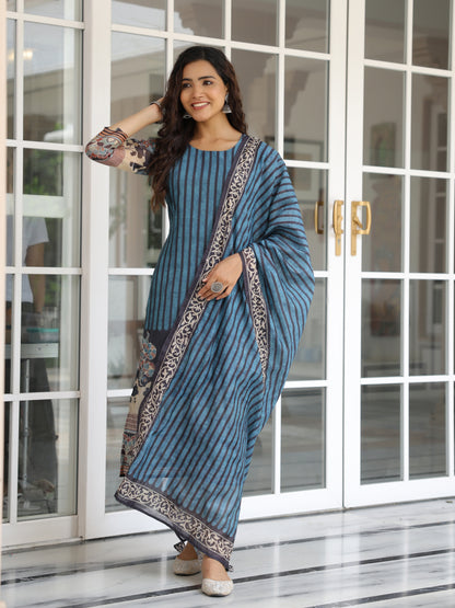 Stripes & Ethnic Printed Straight Kurta with Kantha Embroidered Dupatta - Teal Blue