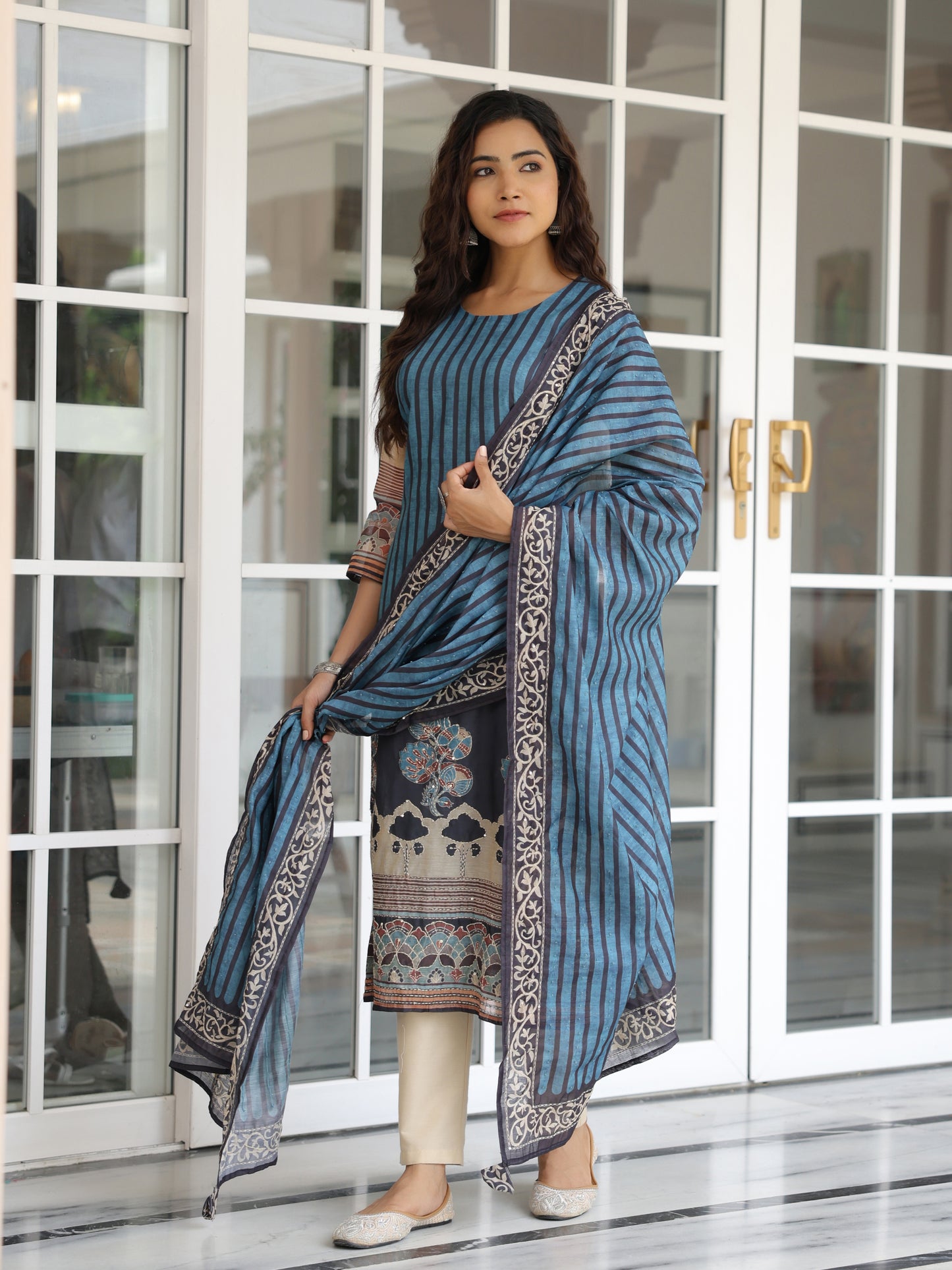 Stripes & Ethnic Printed Straight Kurta with Kantha Embroidered Dupatta - Teal Blue