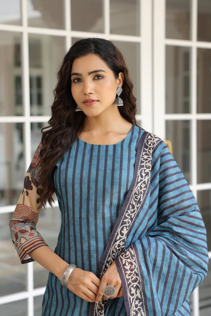 Stripes & Ethnic Printed Straight Kurta with Kantha Embroidered Dupatta - Teal Blue