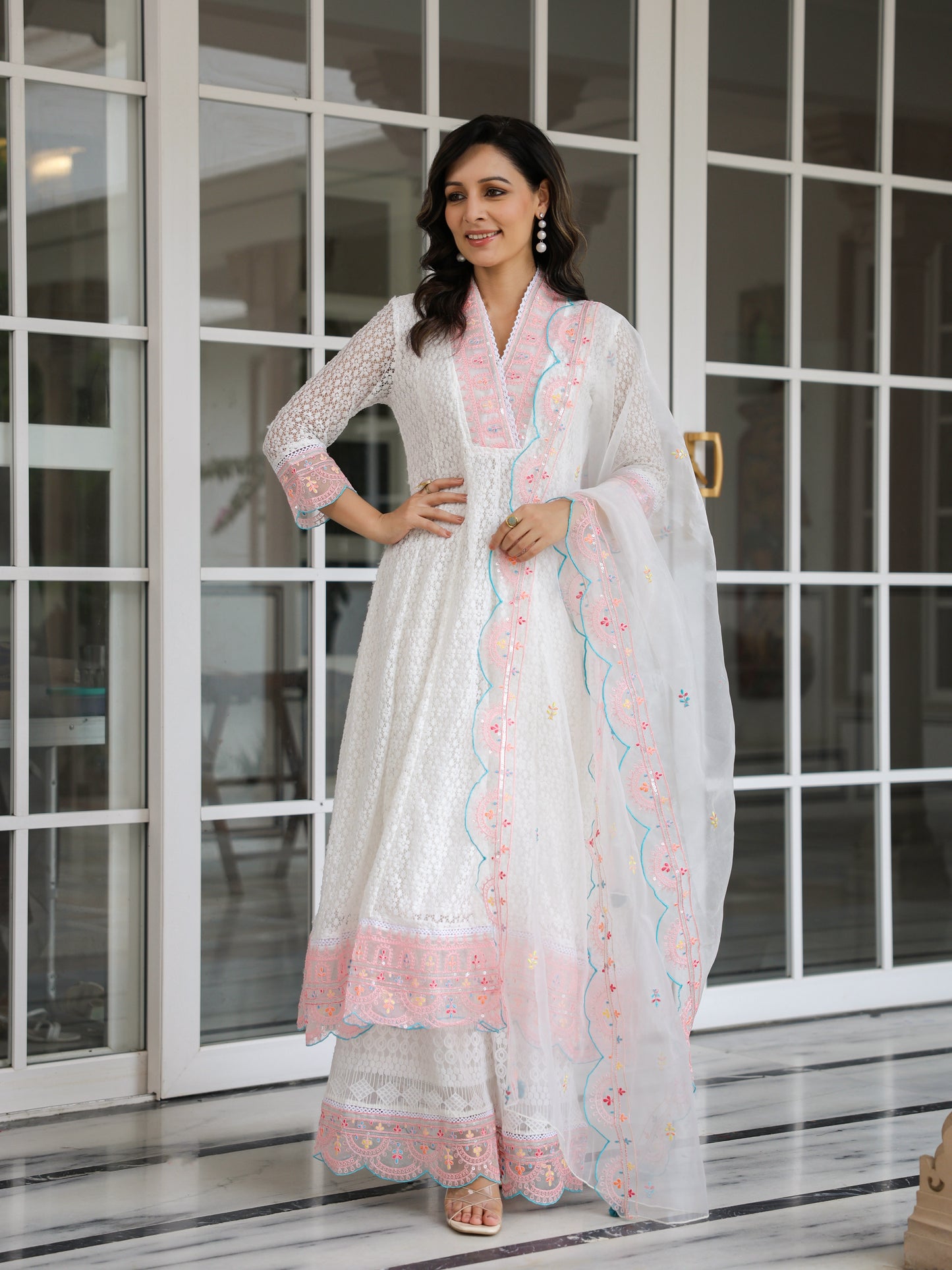 Solid Resham Embroidered Lace Fabric Anarkali Kurta with Sharara & Dupatta - White