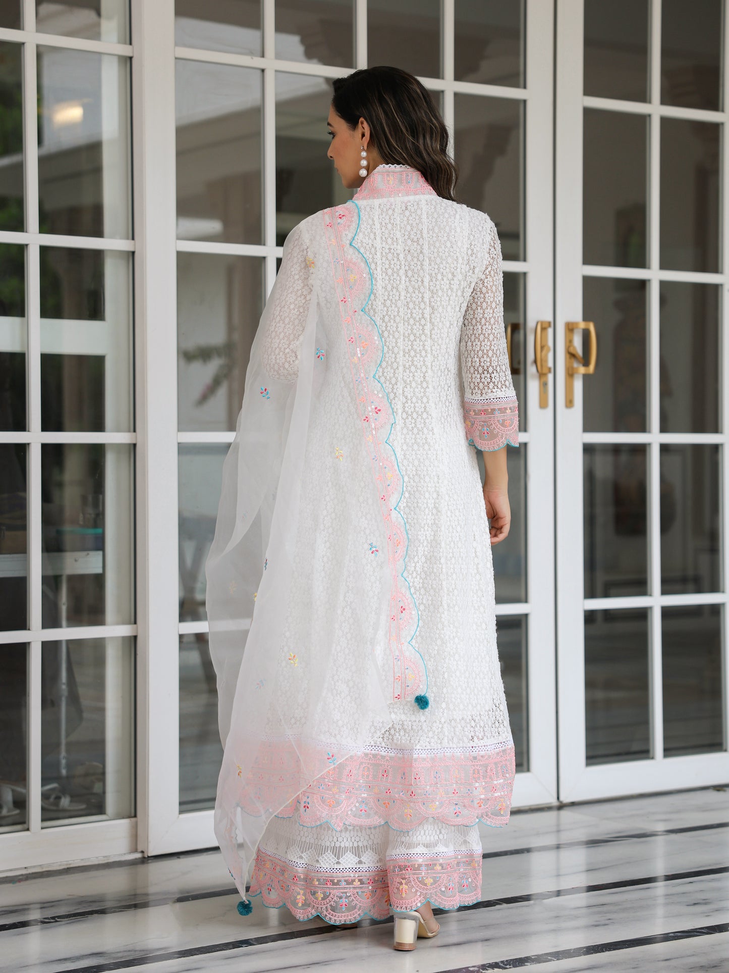 Solid Resham Embroidered Lace Fabric Anarkali Kurta with Sharara & Dupatta - White