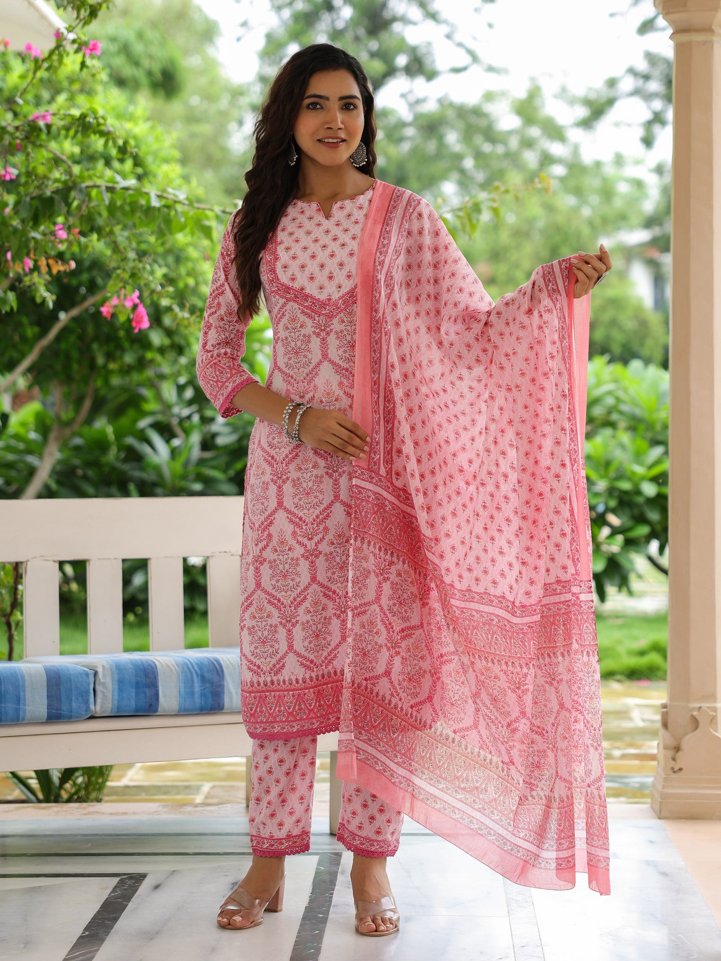 Ethnic Printed & Embroidered Kurta with Pant & Pure Cotton Dupatta - Pink