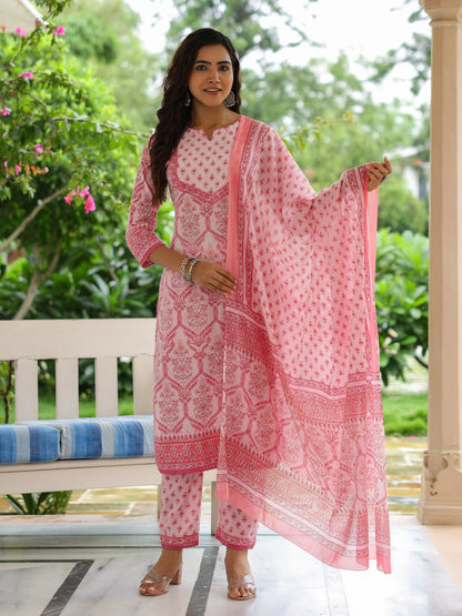 Ethnic Printed & Embroidered Kurta with Pant & Pure Cotton Dupatta - Pink