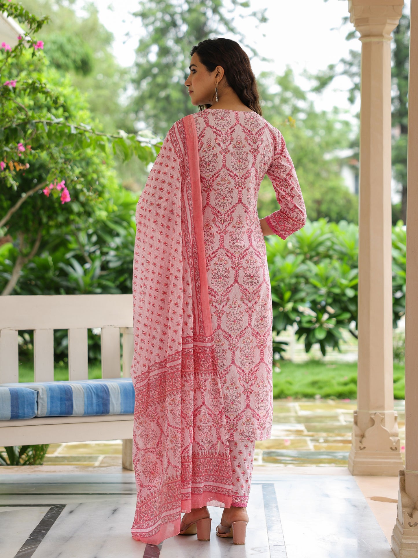 Ethnic Printed & Embroidered Kurta with Pant & Pure Cotton Dupatta - Pink