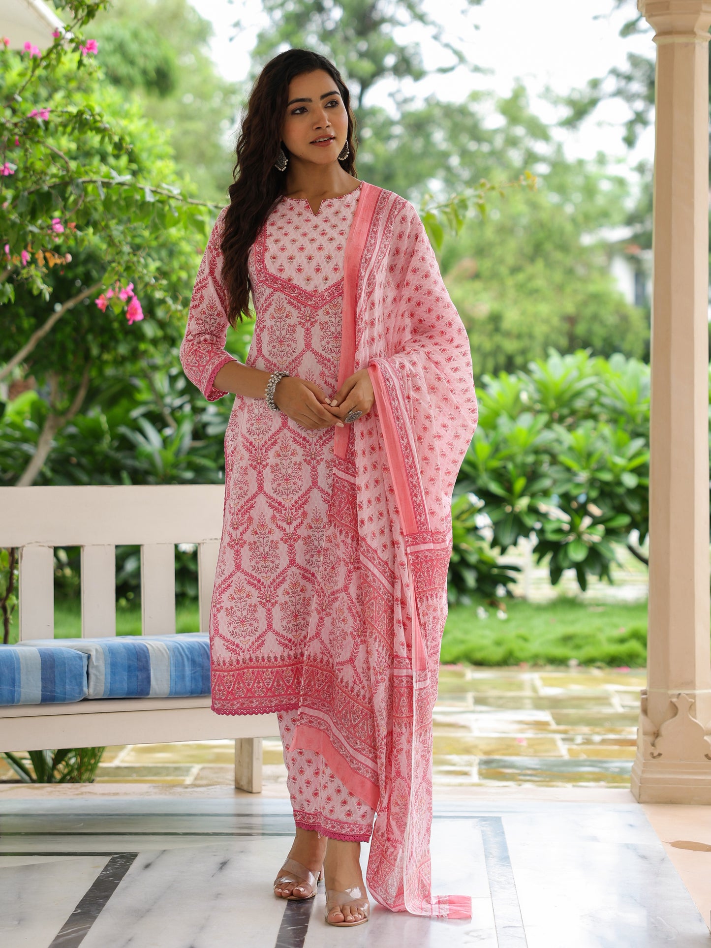 Ethnic Printed & Embroidered Kurta with Pant & Pure Cotton Dupatta - Pink