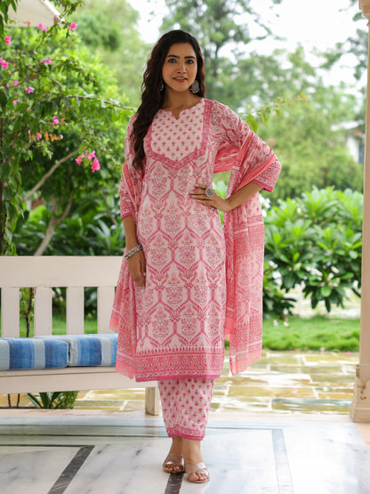 Ethnic Printed & Embroidered Kurta with Pant & Pure Cotton Dupatta - Pink