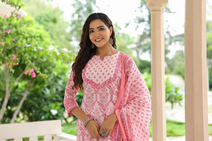 Ethnic Printed & Embroidered Kurta with Pant & Pure Cotton Dupatta - Pink